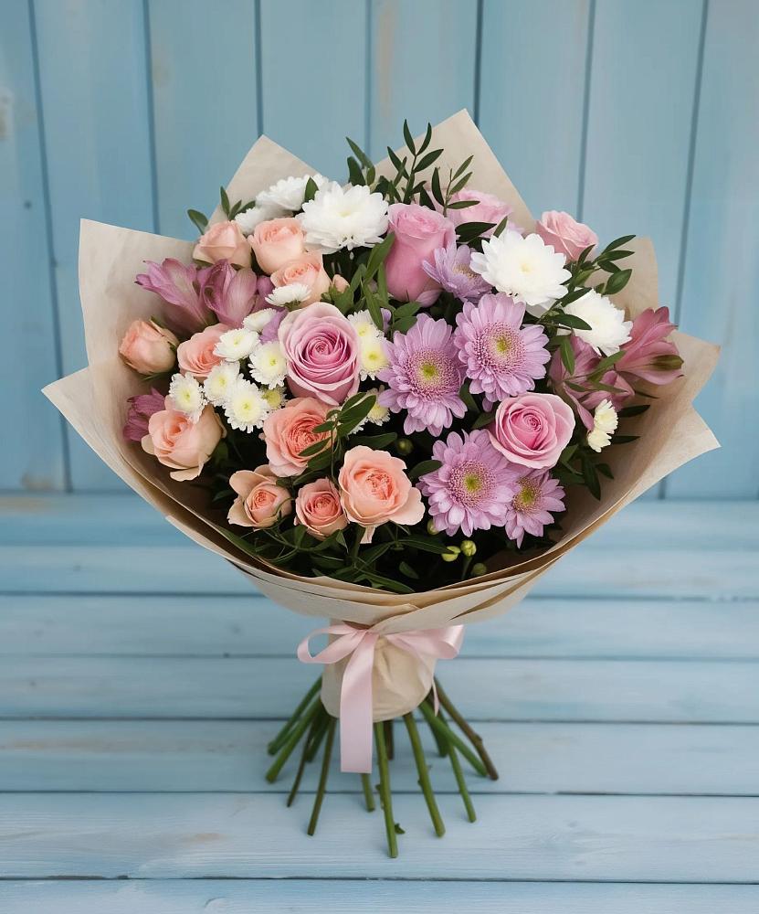 Букет цветов из: Хризантемы, Розы и Альстромерии в Инжавино