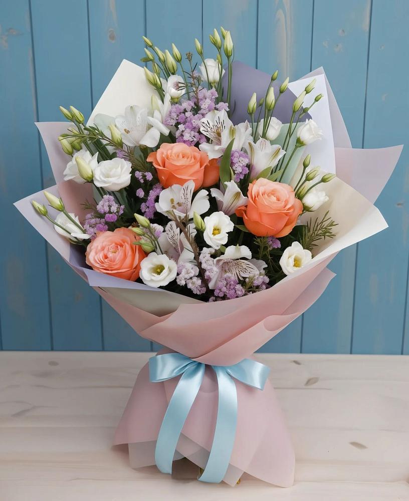 Букет цветов из: Лизиантусы, Розы, Альстромерии и Гипсофила в Инжавино